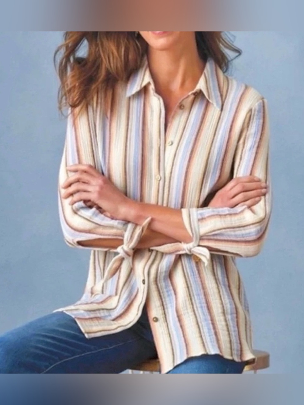 Soft Surroundings Sumter Stripe Nature Gauze Cotton Top Tie Sleeves Shirt S NWT!